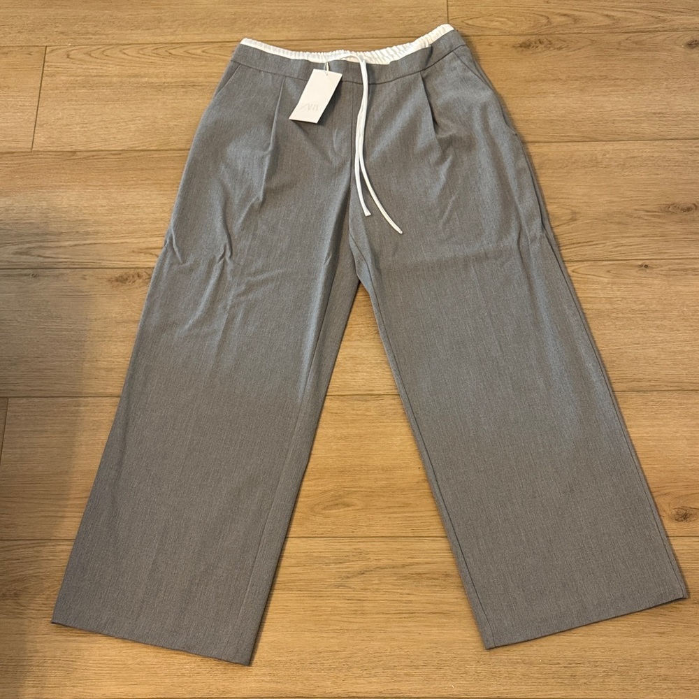 Zara Gray Wide-Leg Pants with White Drawstring